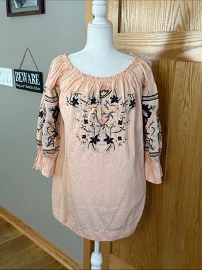 Free People Peach Embroidered Off-Shoulder Tunic